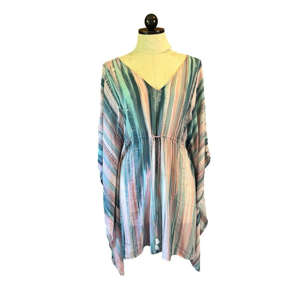 Jantzen Striped Pink & Turquoise Swim Cover Up Pullover Sz M NWT